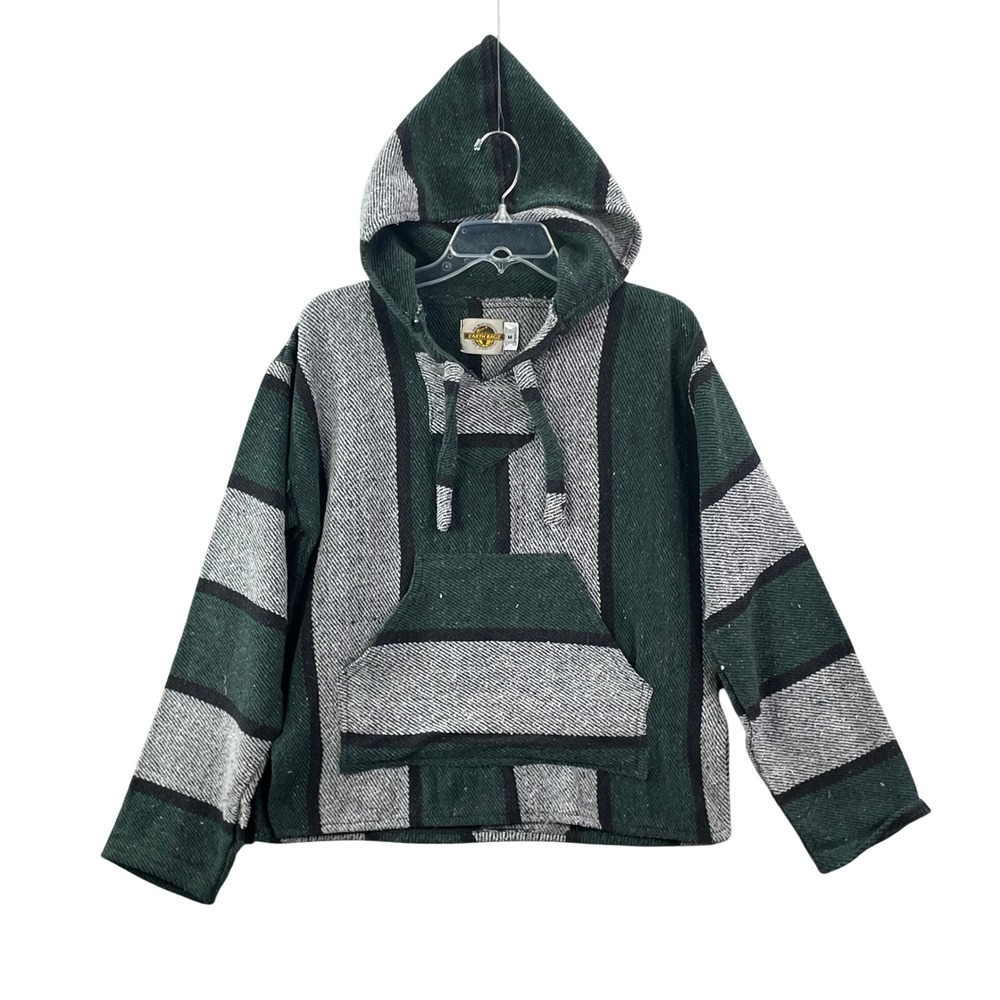 Earth Ragz Baja Hoodie Men Medium Green Striped Pullover Drug Rug Mexican Poncho